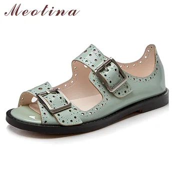 

Meotina Summer Shoes Women Sandals High Quality Patent Leather Flat Shoes Buckle Cutout Open Toe Sandals Ladies Green Size 34-39
