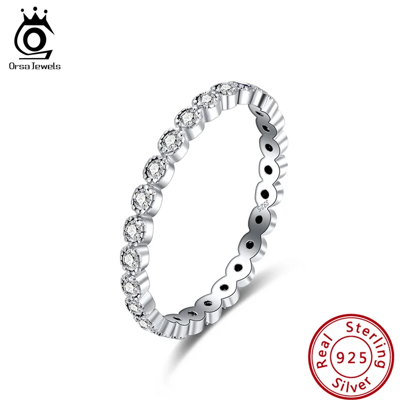 

ORSA JEWELS Genuine 925 Silver Stacking Rings Women Full Circle AAAA Zircon Ring Finger Rings Wedding Engagement Jewelry SR145