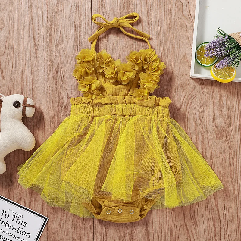 

Kawaii Mustard Yellow Bodysuit Dress Newborn Bodysuits with Tutu Skirt Summer Sleeveless Baby Sunsuit Baby Girl One Piece