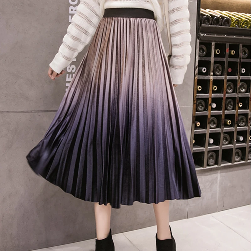 Осенне-зимняя женская плиссированная юбка винтажная юбка средней длины, в пол корейский Стиль Высокая талия Женская Макси юбка градиент цвета плиссированная юбка