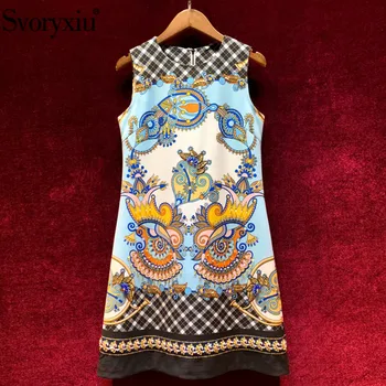 

Svoryxiu Designer Custom Summer Vintage Short Dress Women's Diamond Beaded Plaid Flower Print Sleeveless Mini Dresses Vestdios