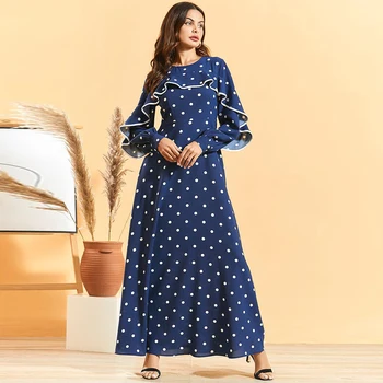 

Siskakia Blue Polka Dot Ruffled Maxi Dress Elegant Fashion Plus Size Slim Waist A Line Dresses Spring 2020 Long Sleeve O Neck