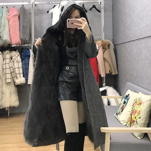 black Tcyeek натуральный мех пальто с капюшоном зимняя куртка для женщин одежда корейский Толстый теплый Лисий Мех теплая парка женское длинное пальто пояс 178 - Цвет: black