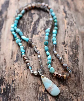 Women Necklace Random Shape Labradorite Onyx Amazonite Pendant Necklace Women Lariat Beads Knotted Bohemi Necklace Dropship