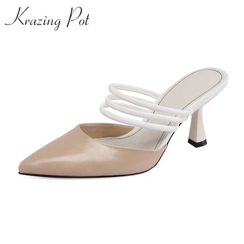 

Krazing pot 2020 new simple style full grain leather party mixed colors pointed toe thin high heel slip on mules pumps women L27