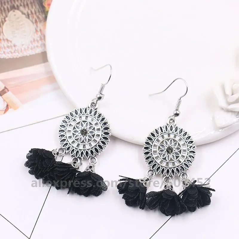 black 150 пар/лот, серьги-капли для студентов, серьги с цветочной кисточкой, богемные серьги для женщин, модные,, длинные серьги - Окраска металла: black