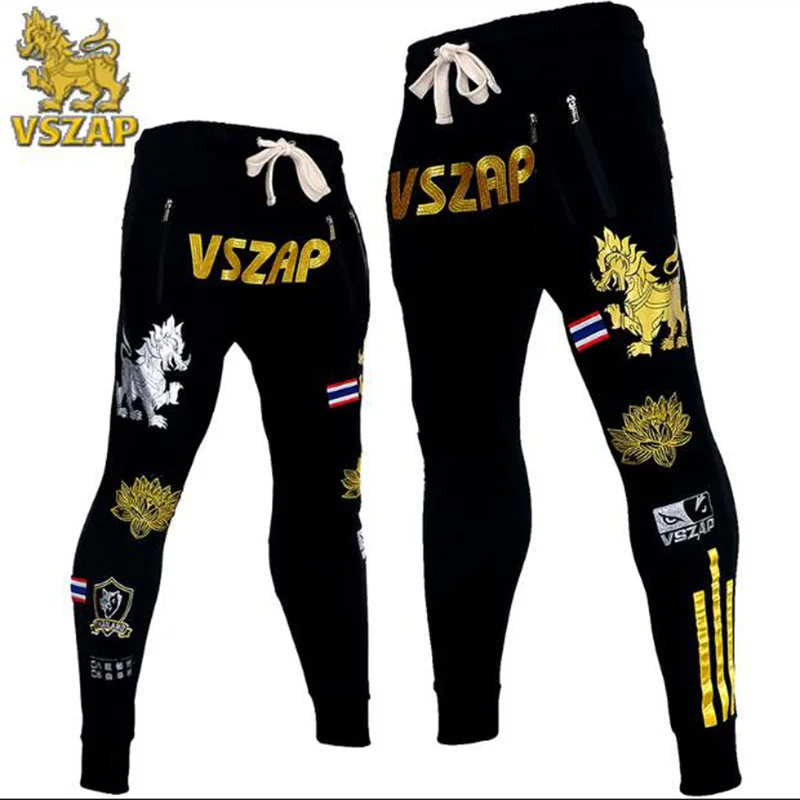 Black plus velvet Осень-зима, модные, новые, с вышивкой, VSZAP, мужские боевые штаны, муай тай, штаны для фитнеса, ММА, спортивные, для боев, для пробежек, тренировочные штаны - Цвет: Black plus velvet