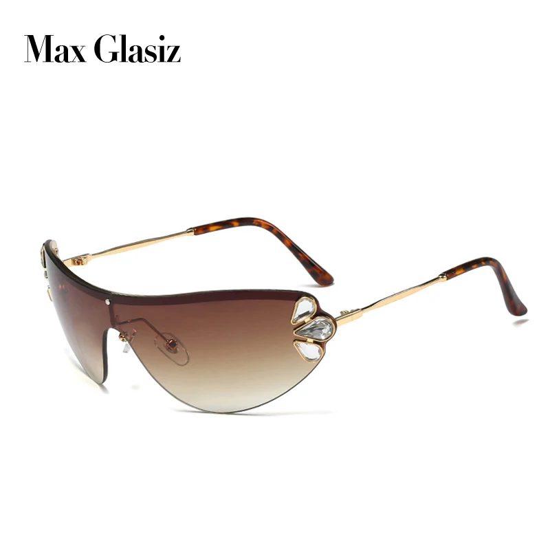 Max Glasiz, модные, металлические, без оправы, большие, солнцезащитные очки для женщин, соединенные линзы, высокое качество, стразы, декоративные, солнцезащитные очки - Цвет линз: brown w brown