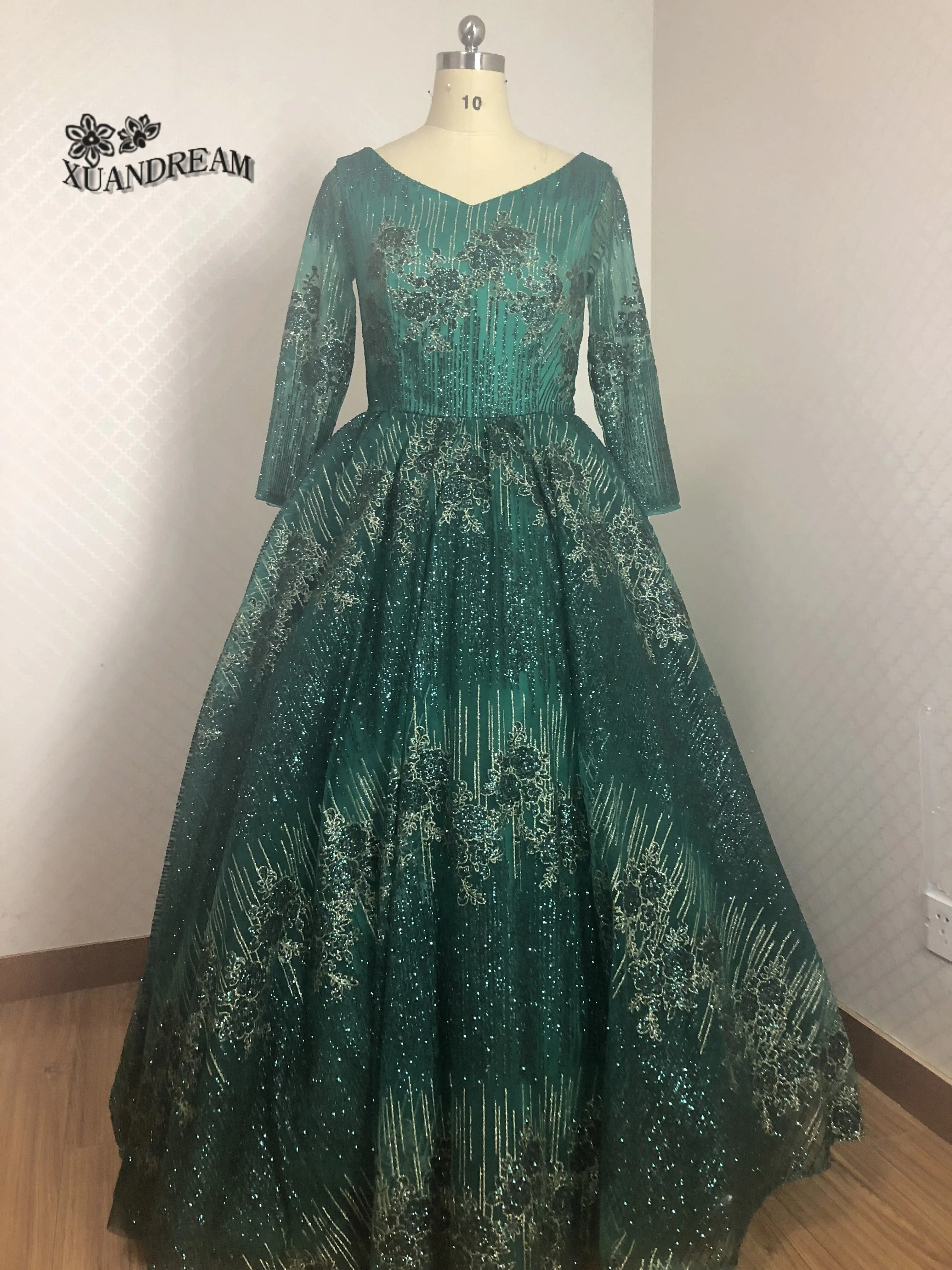 Новое поступление, vestido longo formatura, вечерние женские платья с v-образным вырезом, Шикарные Зеленые платья с длинными рукавами для выпускного вечера, XD-108