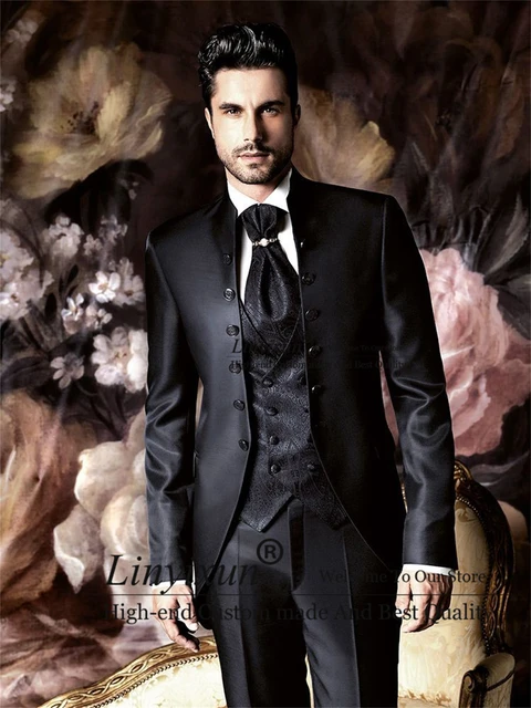 Clássico masculino ternos mandarin lapela casamento noivo smoking preto  padrão colete groomsman blazer 3 peças conjunto terno masculino - AliExpress