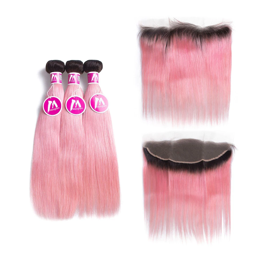 brazilian human hair extension bundles with frontal straight weave ombre T1B/Pink 30 inch 3 bundles for black women remy hd full