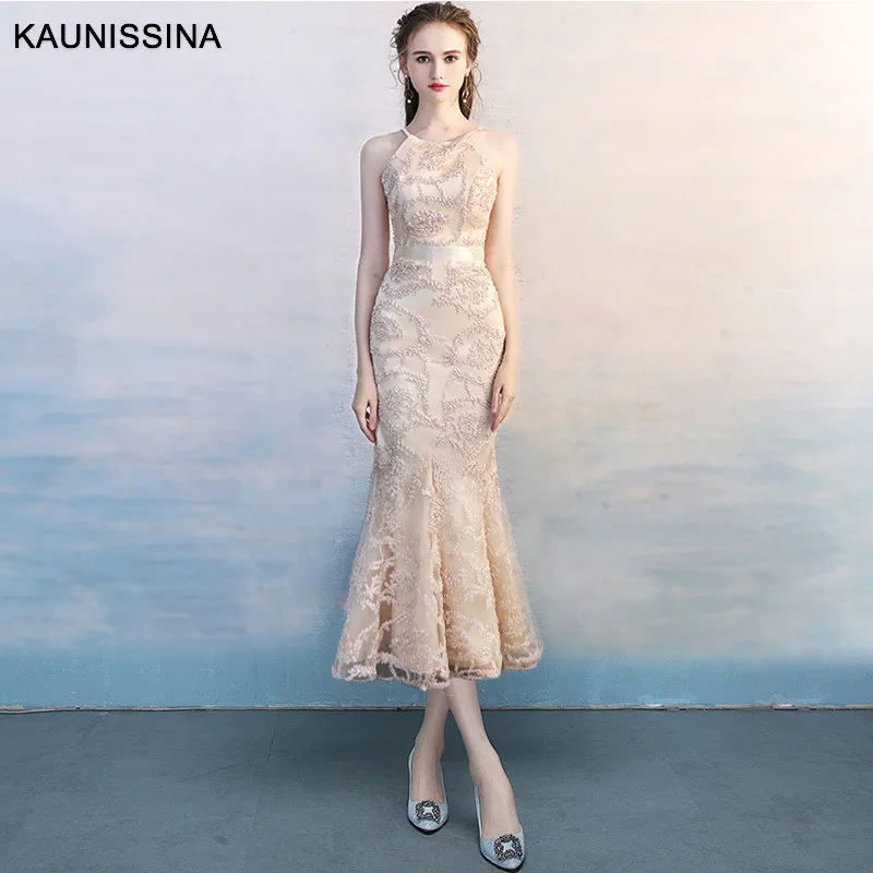 KAUNISSINA, элегантные коктейльные платья, вечерние платья русалки, с цветочной аппликацией, длиной до середины икры, сексуальное модное платье для встречи выпускников, 10 цветов