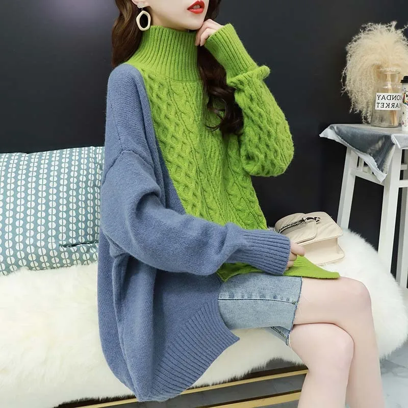 LANMREM 2020 Autumn And Winter New Fashion Color Matching Split Loose Outer Half-high Collar Long-sleeved Sweater Women PB591 | Женская