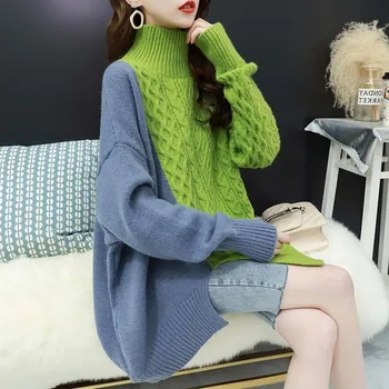 

LANMREM 2020 Autumn And Winter New Fashion Color Matching Split Loose Outer Half-high Collar Long-sleeved Sweater Women PB591