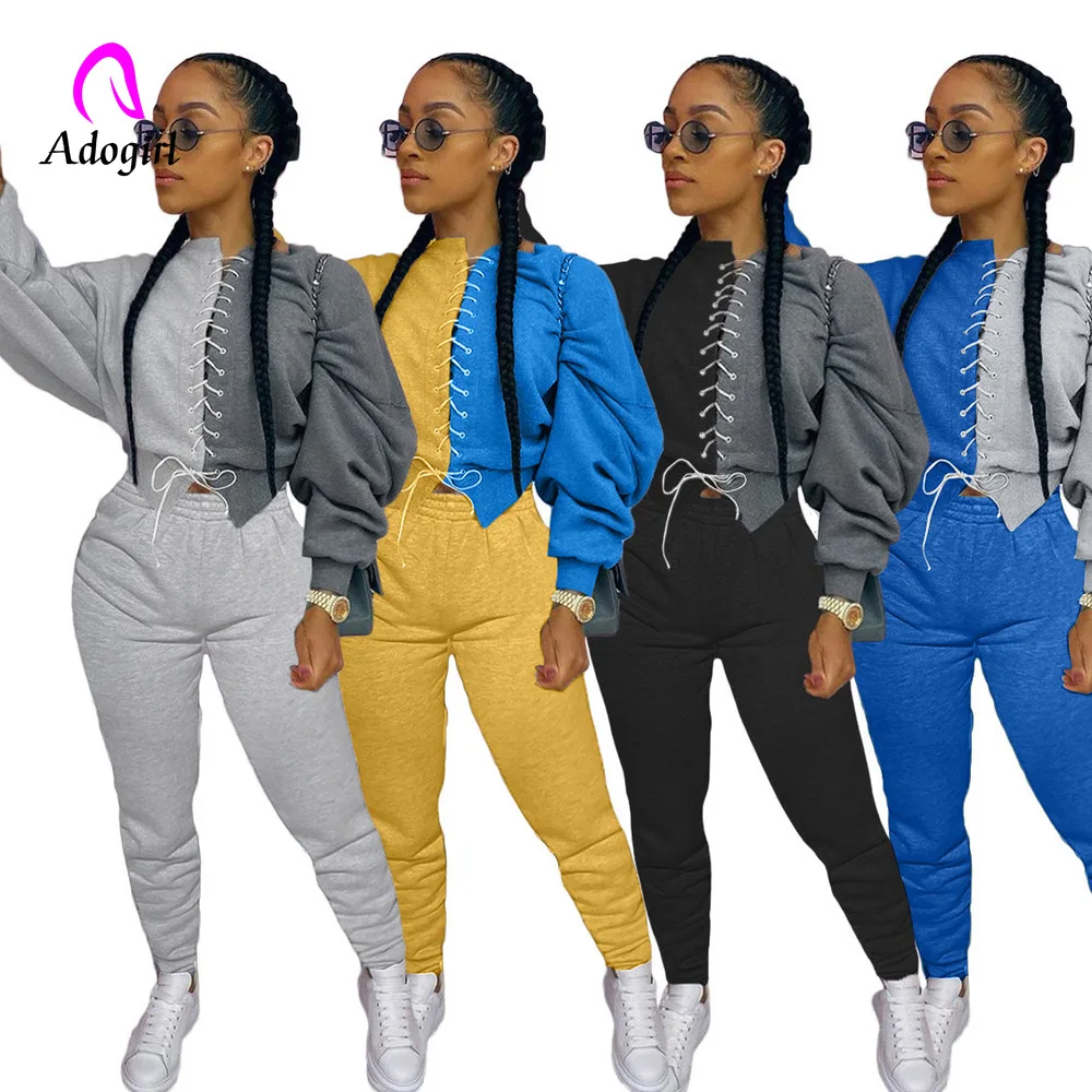 

Fitness Two Piece Set Autumn Clothes for Women Color Block Spliced Stacked Long Sleeve Crop Top+sporty Jogger Trouser Sweatsuits