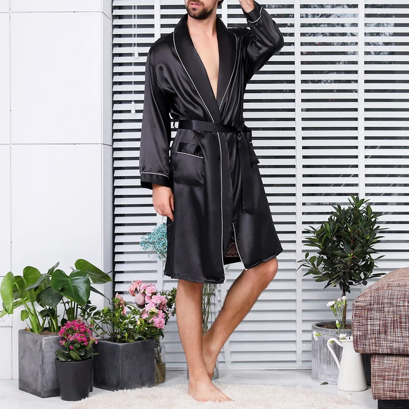 2021 New Men Black Lounge Sleepwear Faux Silk Nightwear For Men Comfort Silky Bathrobes Noble Dressing Gown Men's Sleep Robes