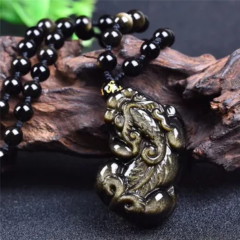 

New design natural gold obsidian carved crystal leaf pixiu necklace pendant for lucky amulet