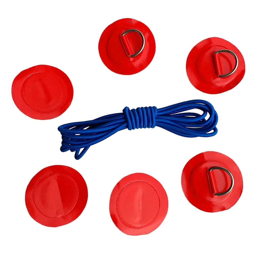 6Pcs Inflatable Boat Kayak SUP D-ring Patch & Elastic Shock Cord Set- 6 Colors Dinghy D Ring Round Patch