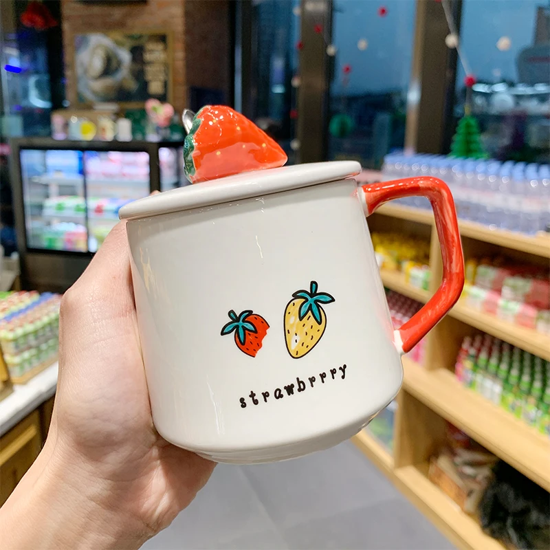 

"Cute Strawberry" Beautiful Ceramic Mug with Lid Spoon Tea Kids Girls Boys Milk Coffee Cup Home School Mugcup Drinkware Gift