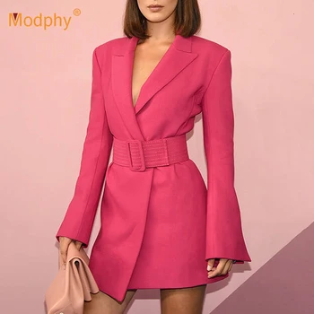 

2019 New Women's Slim Trench Coat rose Red Sexy Long Sleeve Cardigan Belt Long Slim Women's Out Wear Club Party Coats Vestidos