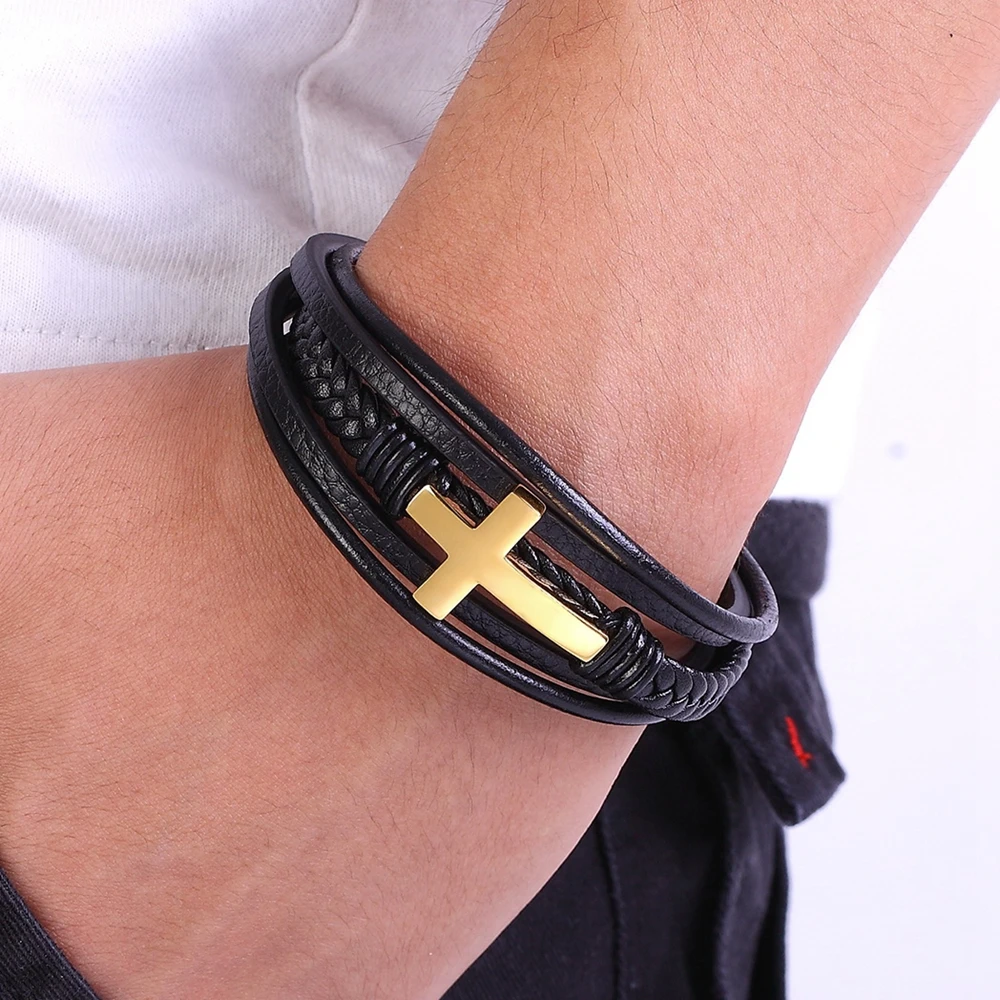 Bracelet Jewelry Cross Style Multi Layer Design Stainless Steel Men Leather Bracelet For Men 5 Different Styles