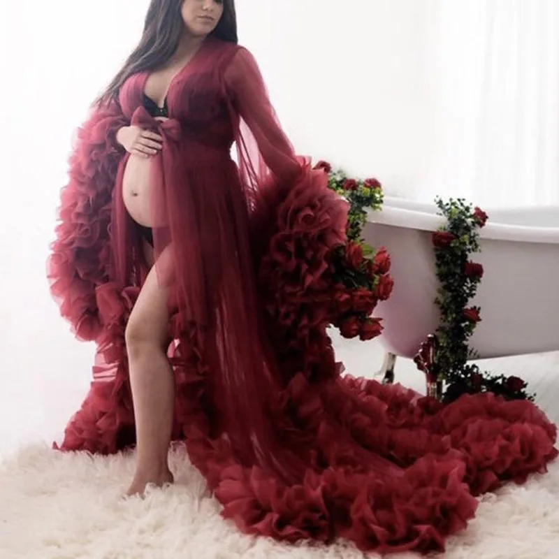 Sexy Chic Bridal Fluffy Tulle Robes Made Maternity Tulle Dressing Gown For Photo Shoot Women Long Sheer Dress