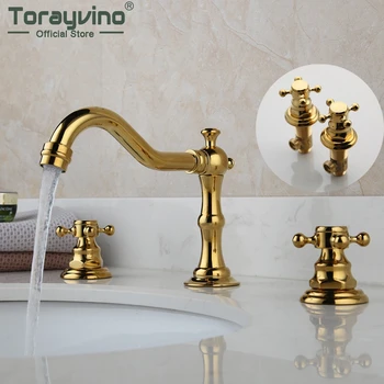 

basin faucet bathroom 3pcs set torneira gold brass faucets deck mounted sink hot cold Mixer Tap wash basin gold taps bathroom