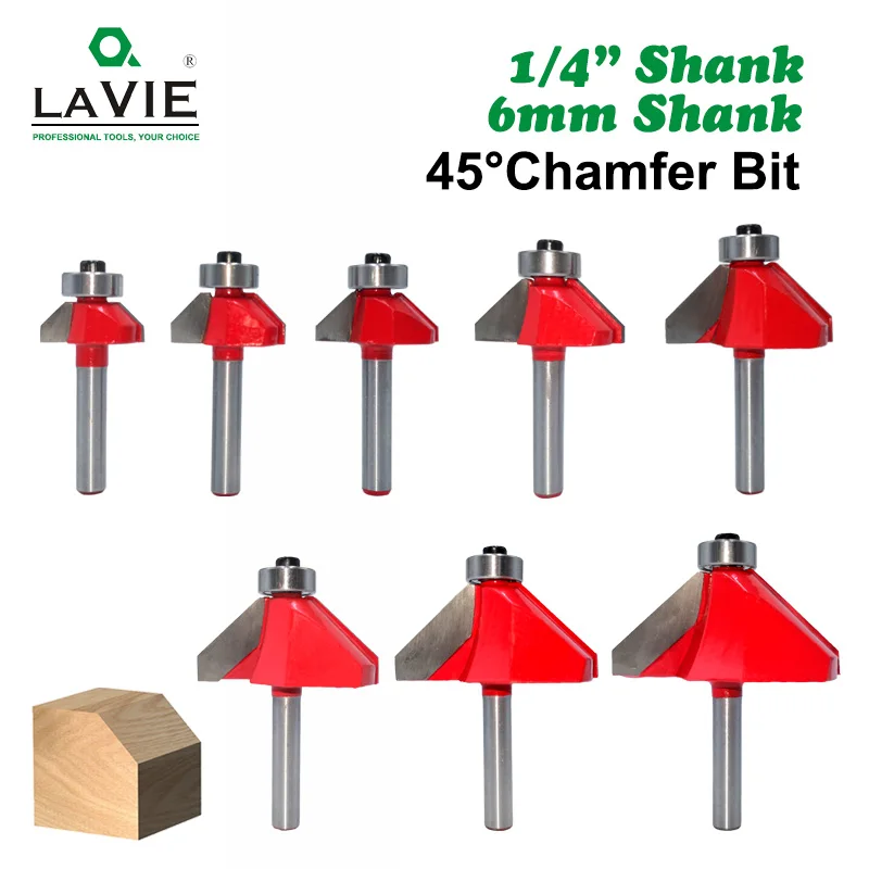  LAVIE 1pc 6mm 6.35mm Shank 45 Degree Chamfer Router Bit Edge Forming Bevel Woodworking Milling Cutt