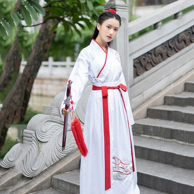 Белый Hanfu для женщин и мужчин Вышивка танцевальные костюмы фестивальный рейв наряд певцов представление одежда народная фея платье 2 шт. DC3183