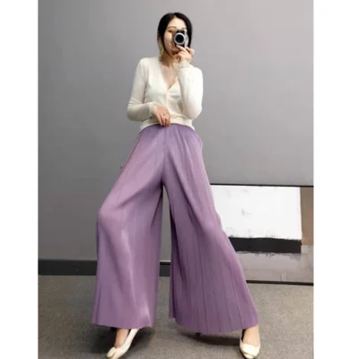 light purple Miyake плиссированные широкие брюки женские осенние и зимние с высокой талией драпированные с эластичной талией Большие размеры свободные показывающие тонкие - Цвет: light purple