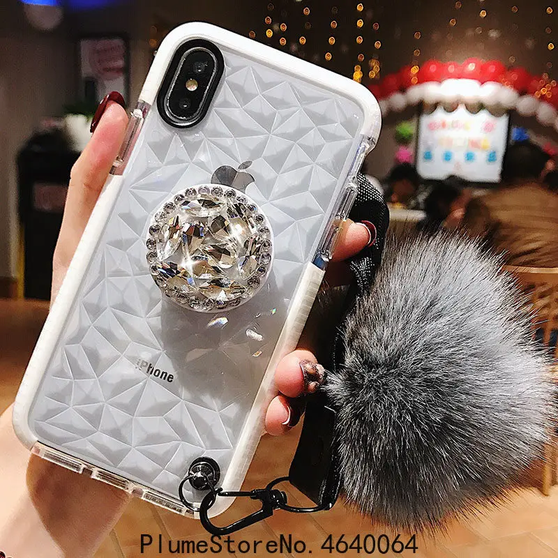 Роскошный Алмазный чехол bescherming schattige haarbal lanyard beugel zachte для iphone 7 X XR XS MAX 8 6 S plus voor