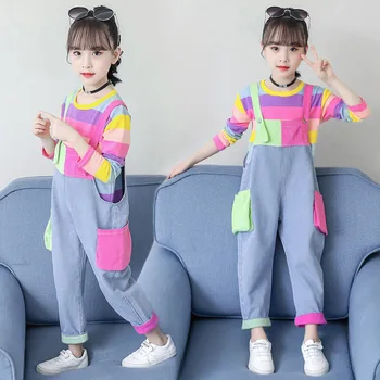 

Baby Girls Overalls Set Spring Autumn Toddler Kids Long Sleeve Rainbow Tops + Suspender Denim Pants Children Outfits Clothes Set