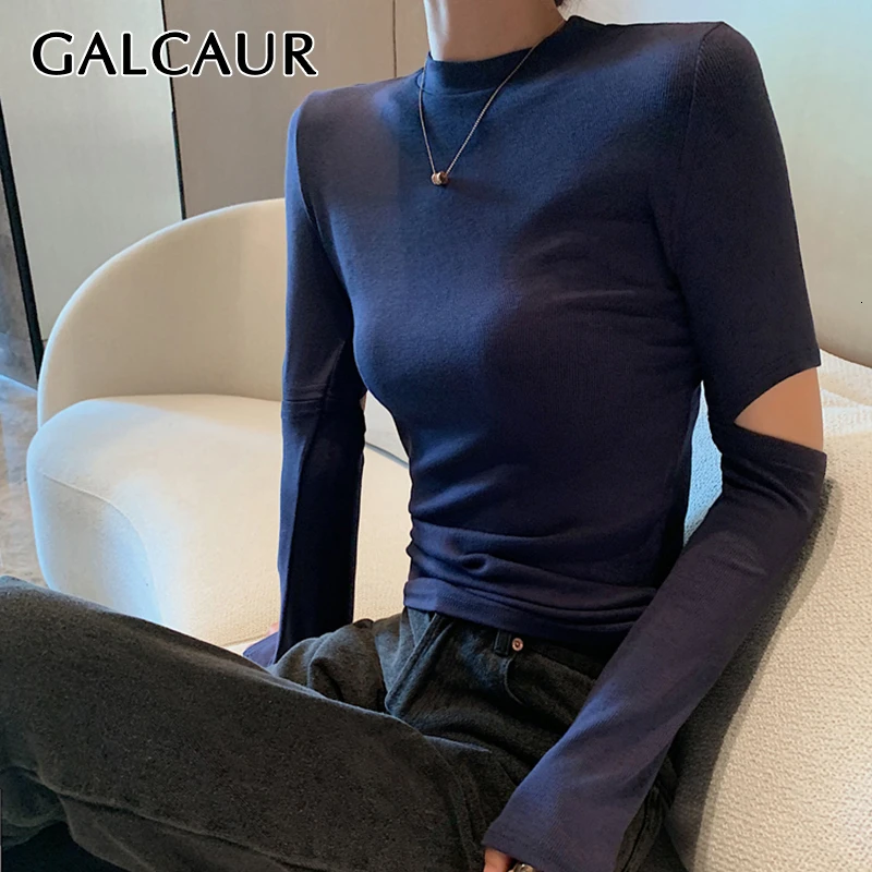 GALCAUR, сексуальная, открытая, тонкая футболка для женщин, круглый вырез, длинный рукав, большой размер, повседневная, Осень-зима, женские рубашки, мода, новинка