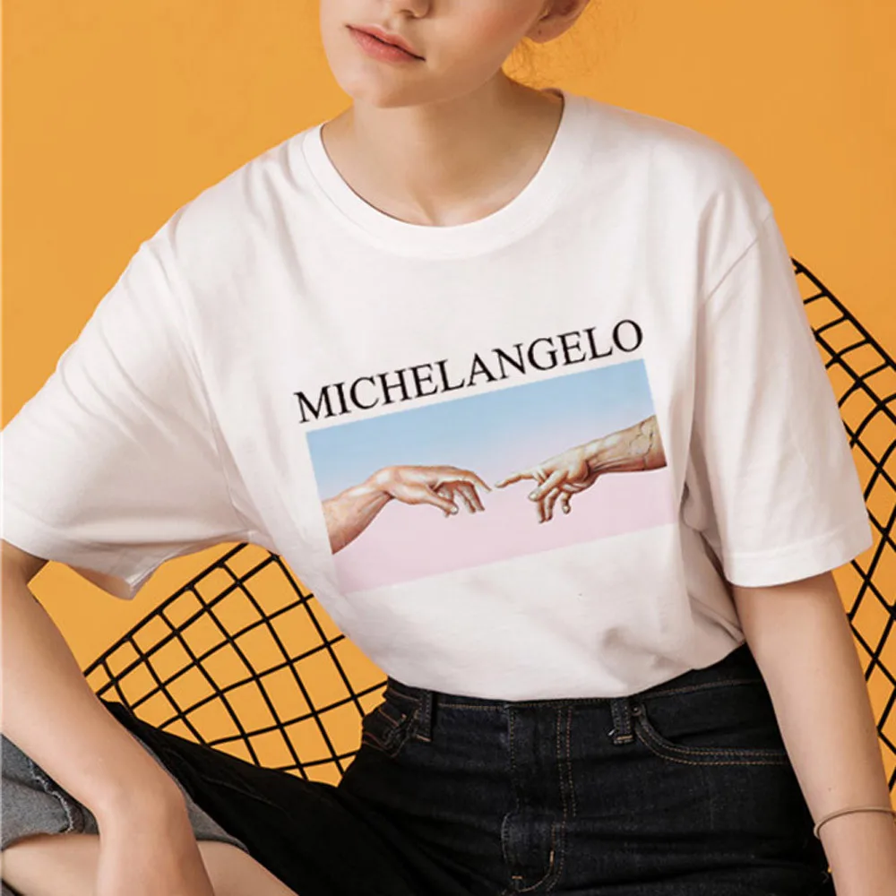 

2019 Vogue Women Summer Tops Short Sleeved Cotton Female T shirts Classic Michelangelo Oil Painting Vintage T shirt Tumblr LS*D