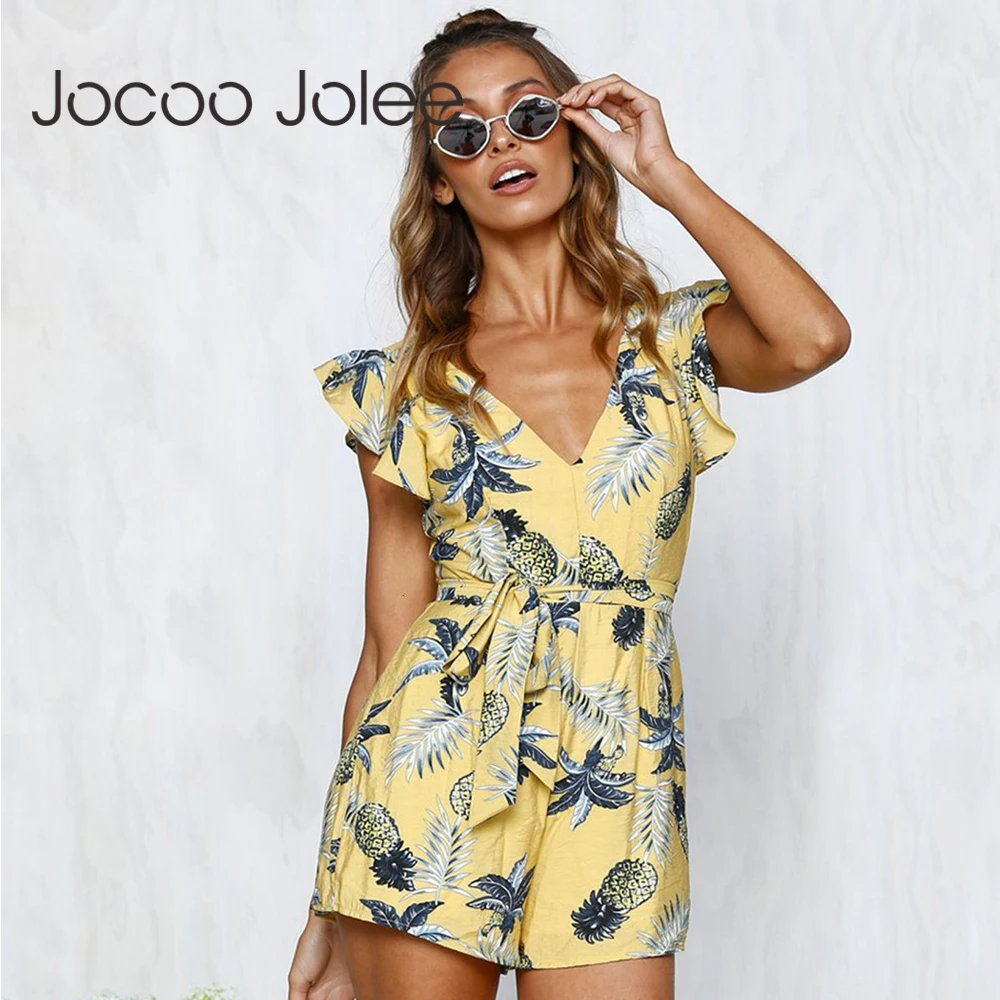 Jocoo Jolee, цветочный принт, женские летние комбинезоны, новинка, сексуальный глубокий v-образный вырез, женские комбинезоны, богемный стиль, одежда, новое поступление