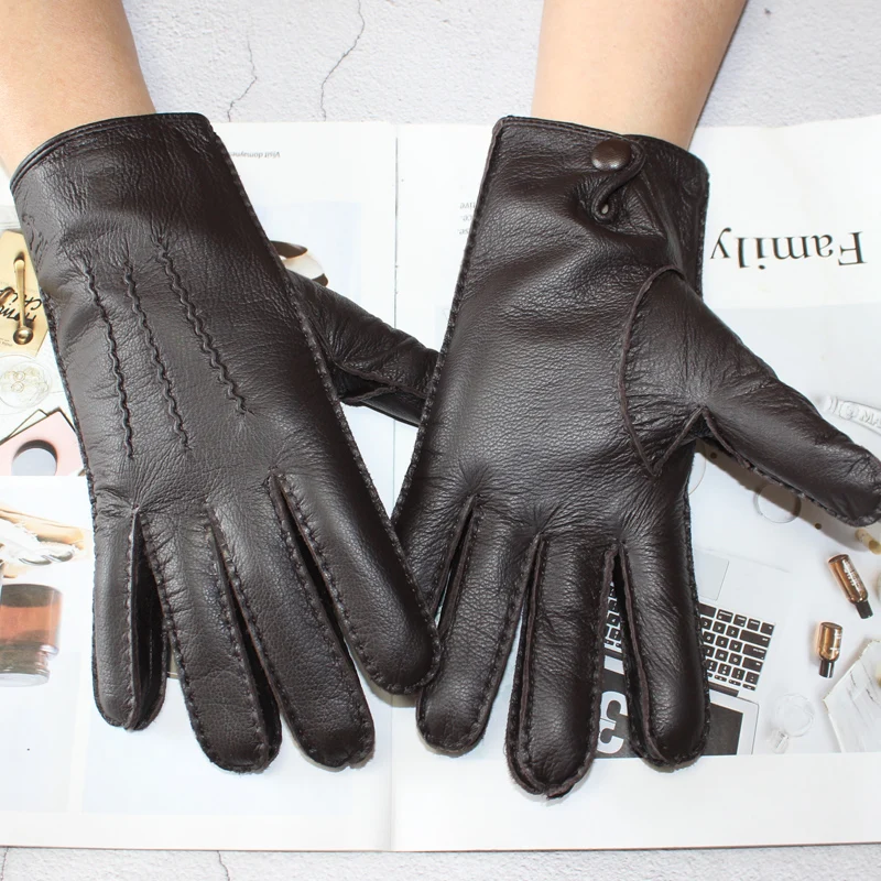New hand-stitched touch screen leather men's deerskin gloves Wool knit lining black corrugated driving gloves