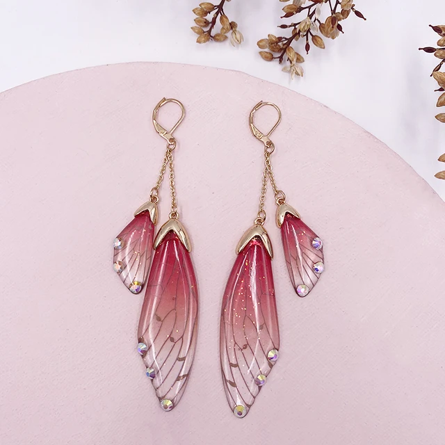 Fairy Resin Butterfly Earrings for Women Shining Crystal Flake Double Wing Long Drop Earrings Ladies Wedding Party Jewelry 2020 Gold-Red