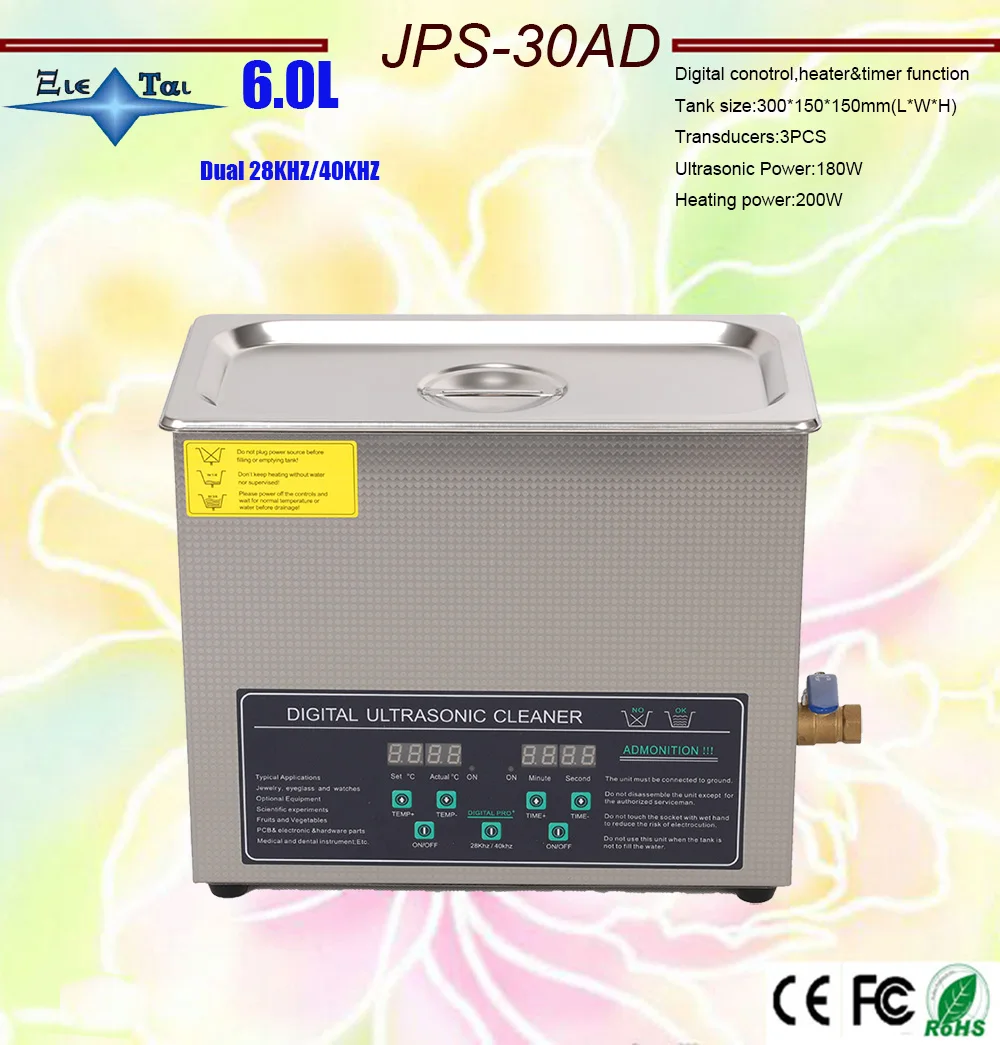 Fasting Ru Eu local warehouse 110V/220V Dual Frequency 40&28KHZ 180W JPS-30AD Digital Heater&Timer Ultrasonic Cleaner 6L