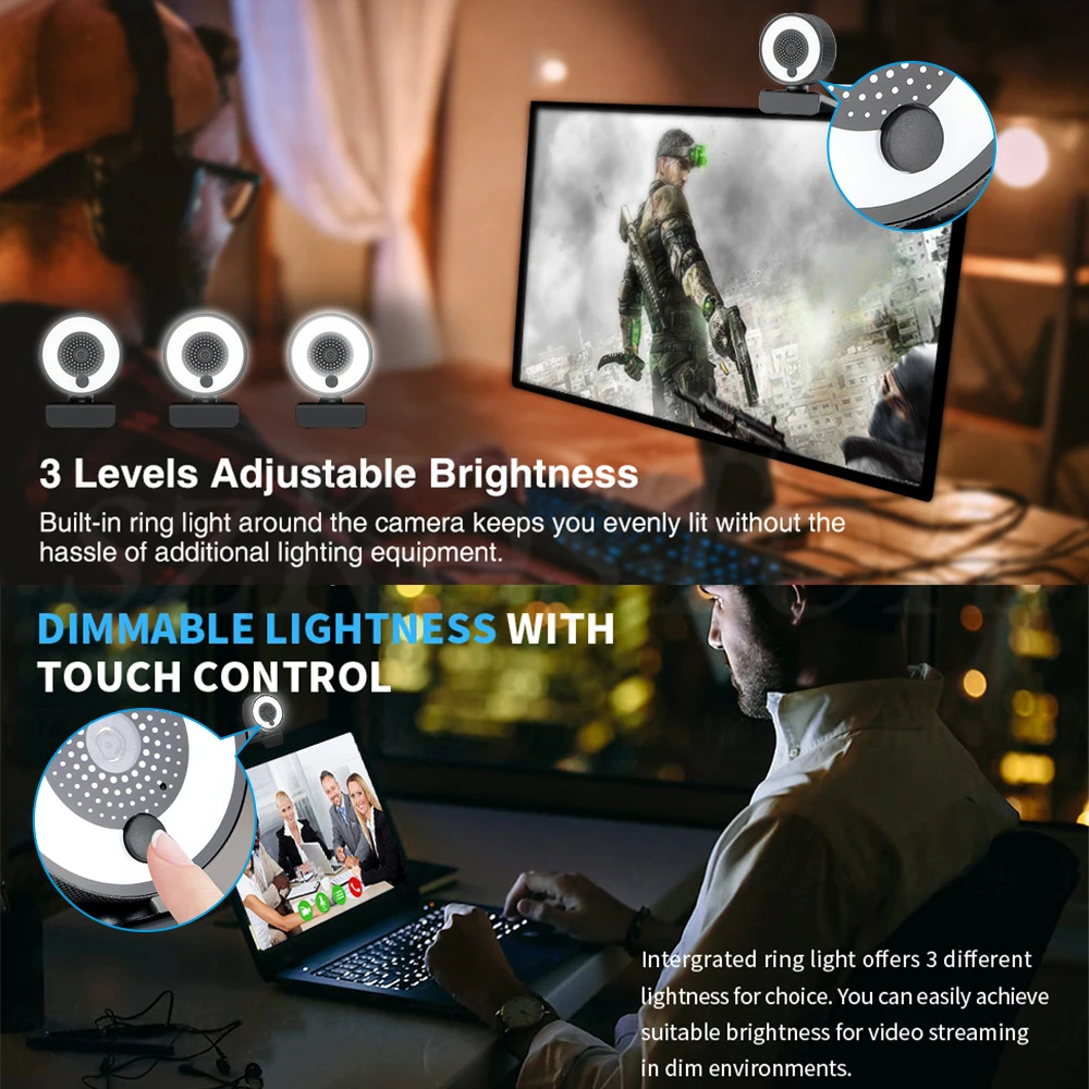 Autofocus HD Webcam 1080P 2K USB Web Camera for PC Laptop Desktop Computer with Microphone Ring light Tripod web cam for Steam