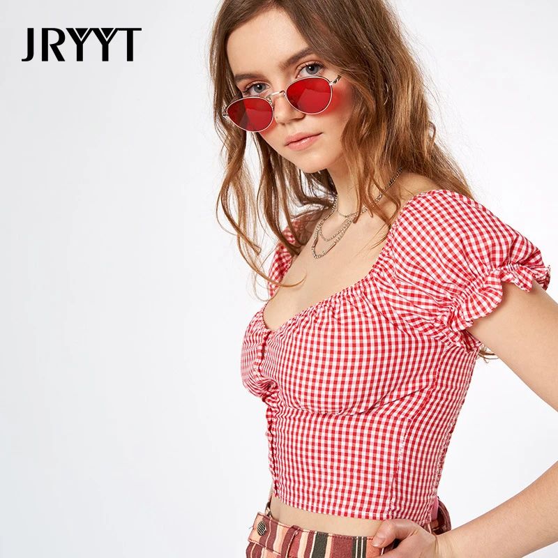 Женские клетчатые футболки JRYYT повседневные короткие топы с коротким