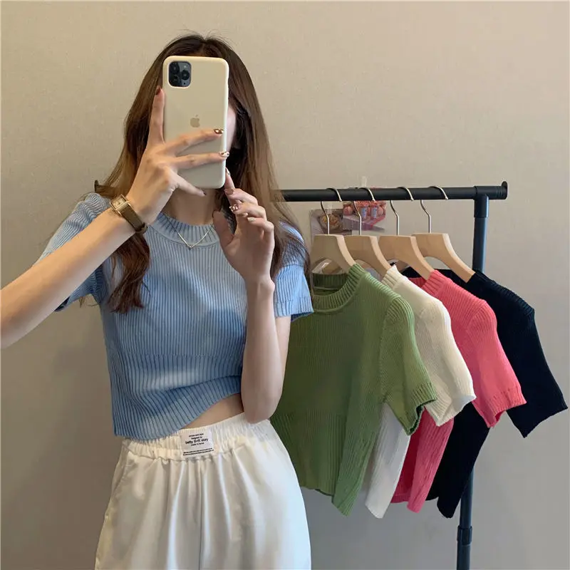 Summer Slim Thin Round Neck Solid Color Knitted Short-sleeved Pullover T-shirt Spring And Autumn New Fashion Bottoming Top
