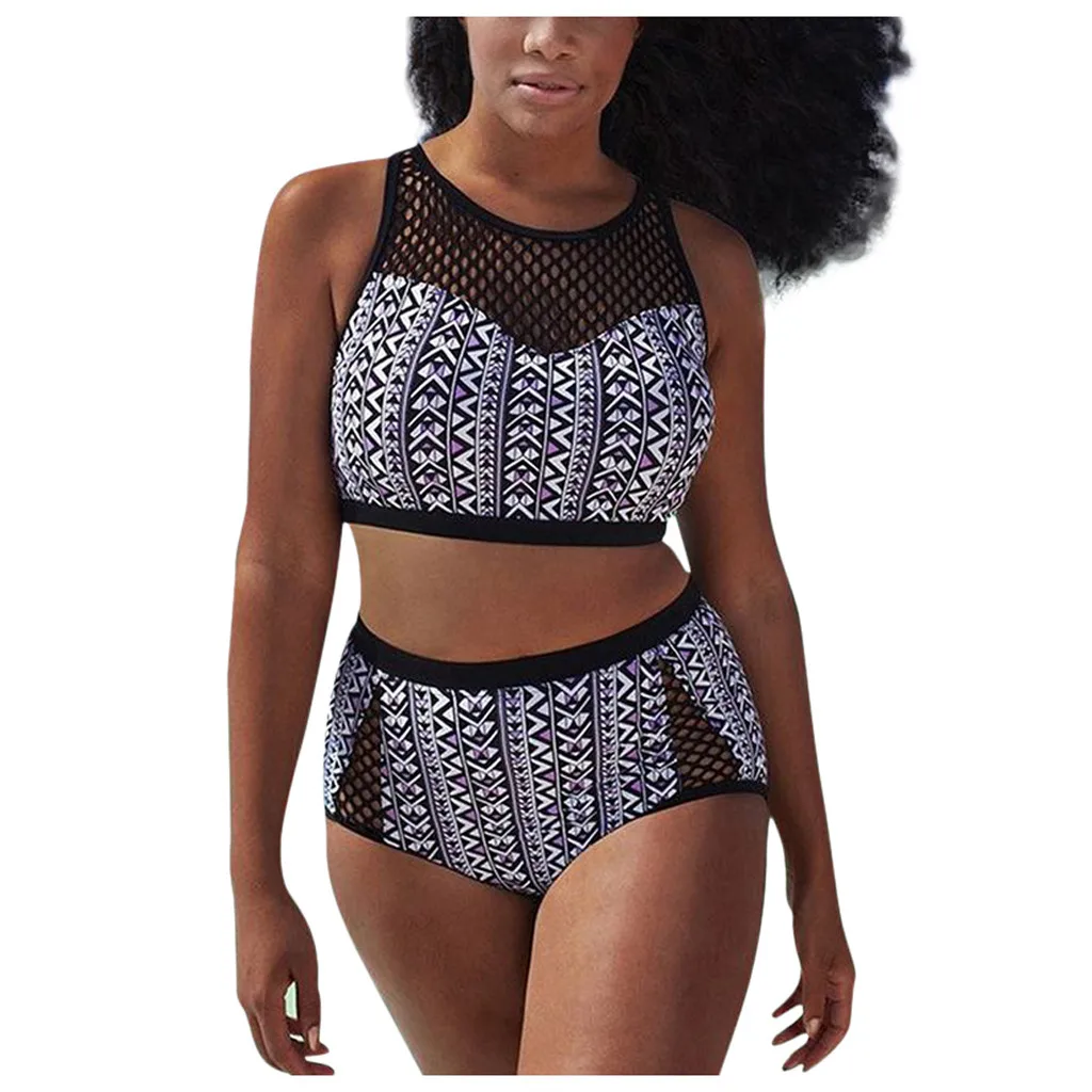 Комплект бикини женский сетчатый с принтом высокой талией круглым вырезом A20