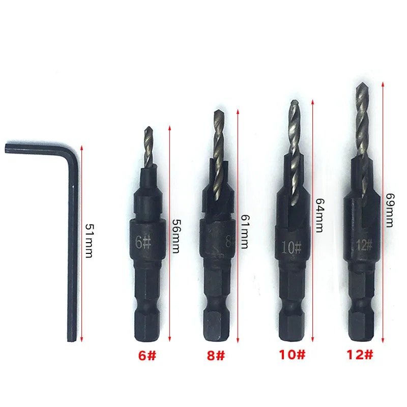 

4pcs Set 6.35mm 1/4 Hex Shank Countersink Wood Taper Hole Saw Drill Bits Tool