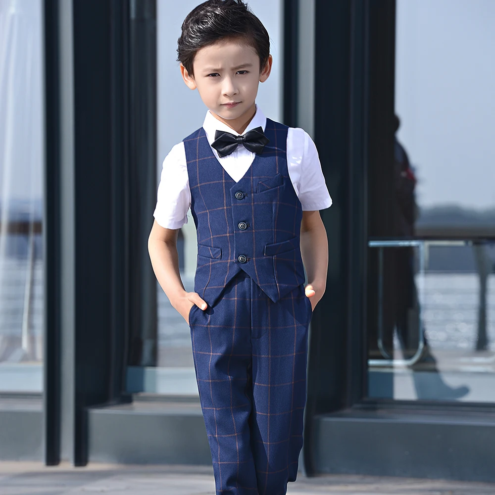 01-4PCS YuanLu 4PCS Boy Suits Vest/Pants/Shirt/Tie Formal Costume For for Weddings Party Piano Baby Clothes Slim Fit Summer Kids Suit - Color: 01-4PCS