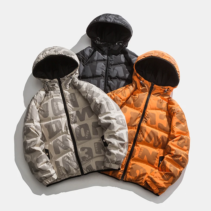 

90 velvet men's winter trend personality letter printing casual hooded thick warm down jacket