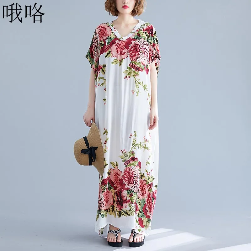 

2020 Summer Plus Size Floral bohemia Dress 5XL 6XL 7XL Boho Robe Femme Maxi Long Dress Women Flower Print Batwing Sleeve Dresse