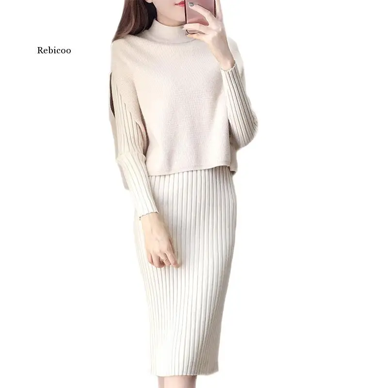 

Two Piece Set Dress and Vest Women Autumn/Winter Long Pullover Sweater Female Slim Thick Warm Knitted Shawl Knitwear