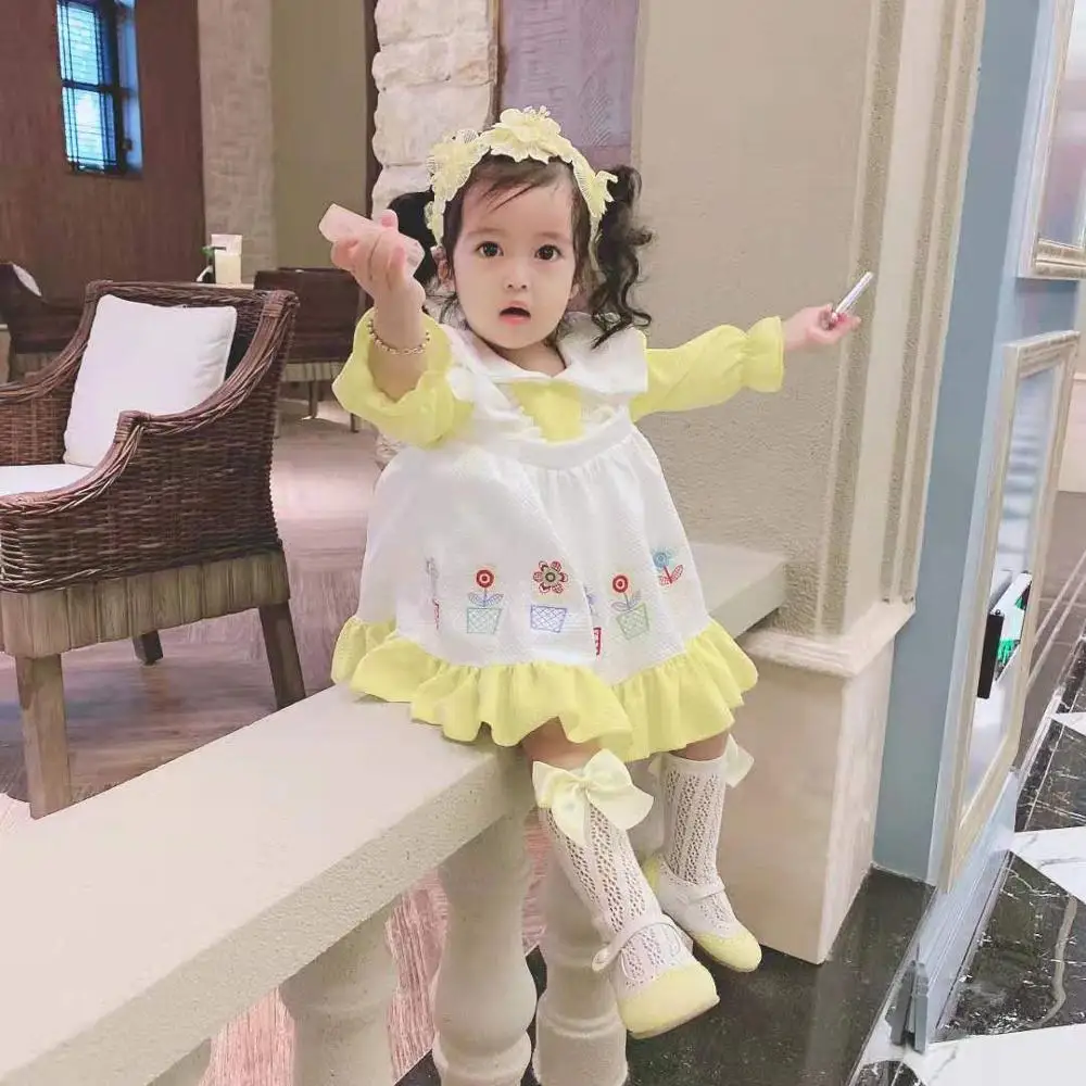 От 0 до 6 лет осенне-зимнее винтажное желтое испанское платье с длинными рукавами и бантом для детей, милое стильное платье принцессы трапециевидной формы для девочек