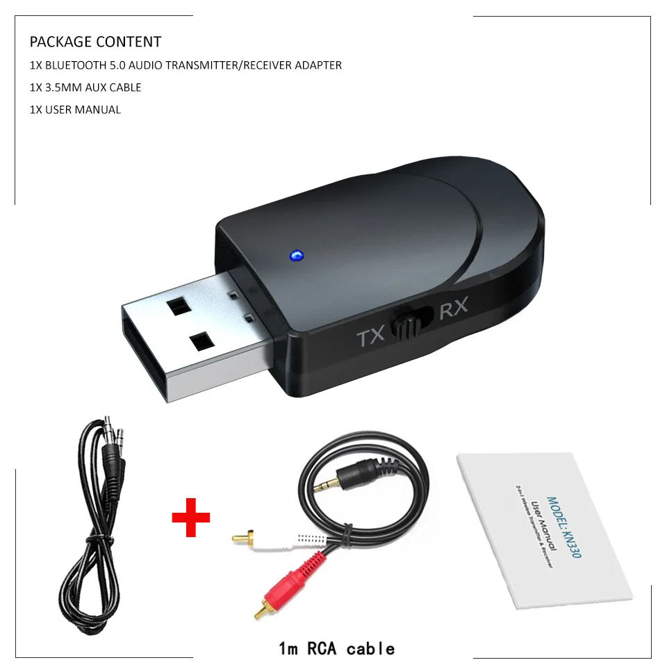 KN330 With RCA Cable KN330 USB Bluetooth 5,0 передатчик приемник BT 3,5 мм AUX Jack 3 в 1 стерео аудио беспроводной мини Bluetooth адаптер для ТВ ПК автомобиля - Цвет: KN330 With RCA Cable