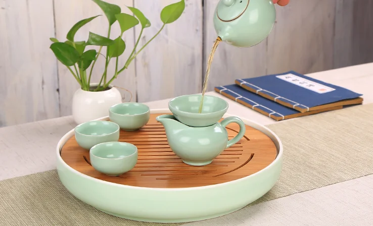 Простой керамический круглый домашний чайный поднос, дренаж, хранение воды, чайный набор кунг-фу, японский стиль, чайный поднос, чайная комната, инструменты LF513